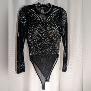 Chicme Women's Long-Sleeve Mesh Leotard with Rhinestone Embellishments, Black, S